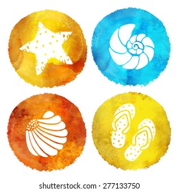 Watercolor summer beach print set. Colorful circle pant stains, starfish, sea shells, flip flop sandals top view isolated on white background 
