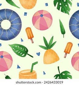 watercolor summer beach season with tropical leaves seamless pattern