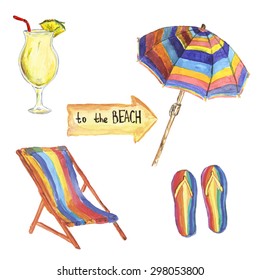 Watercolor summer beach set with glass of cocktail PINA COLADA with pineapple, sun umbrella, beach chair, arrow with sign to the beach, flip-flop. Vector illustration. 