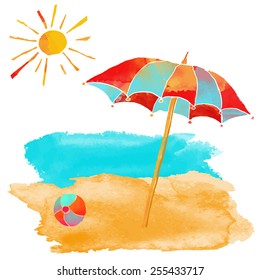 Watercolor summer beach set. Sea, sun, sun umbrella, ball, sand isolated on white background 