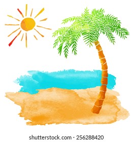 Watercolor summer beach set. Sea, palm tree, sun, sand isolated on white background 