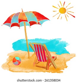 Watercolor Summer Beach Set. Sea, Sun, Sun Umbrella, Ball, Deck Chair, Sand Isolated On White Background 