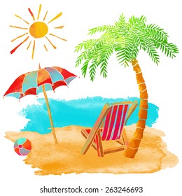 Watercolor summer beach set. Sea, palm tree, sun, sun umbrella, ball, deck chair, sand isolated on white background 