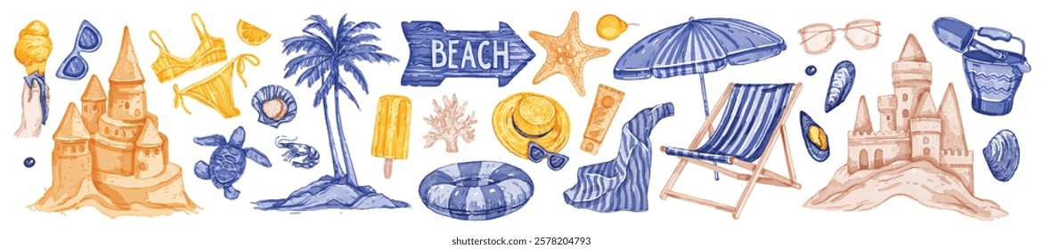 Watercolor summer beach set, vacation ocean coast hand drawn vector sticker, sand castle, umbrella. Mediterranean leisure weekend design element, palm, chair, sea shore element. Summer beach print