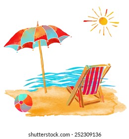 Watercolor summer beach set.  Waves, sea,  sun, sun umbrella, ball, deck chair, sand isolated on white background 