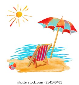 Watercolor summer beach set.  Waves, sea,  sun, sun umbrella, ball, deck chair, sand isolated on white background 