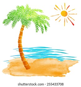 Watercolor summer beach set. Waves, sea, palm tree, sun, sand isolated on white background 