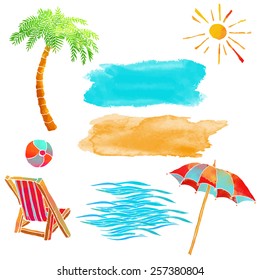 Watercolor summer beach set. Waves, sea, palm tree, sun, sun umbrella, ball, deck chair, sand isolated on white background 