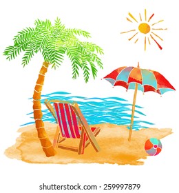 Watercolor summer beach set. Waves, sea, palm tree, sun, sun umbrella, ball, deck chair, sand isolated on white background 