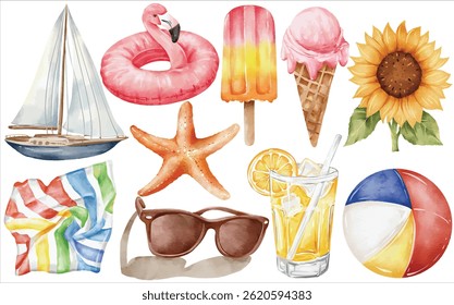 Watercolor Summer Beach Vector Clip Art Set Hand Painted Ice Cream Sunglasses Starfish Towel Sailboat Sunflower Popsicle Ball Drink Flamingo Illustration