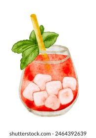 Watercolor summer bright cocktail, cool drink with ice and mint