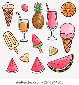 Watercolor summer clipart collection with bright illustrations of tropical fruits, ice cream, and refreshing cocktails.