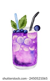 Watercolor summer cocktail blueberry with green mint leaves and straw, purple drink with bubbles. Hand drawing, not AI