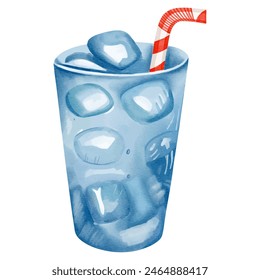 Watercolor summer cocktail with ice. Holiday beach party menu. Watercolor summertime element.