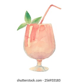 Watercolor summer cocktail sketch. Hand painted vector isolated drink with peppermint.