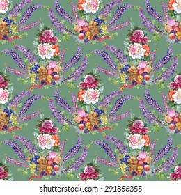 Watercolor Summer Colorful Peony floral Seamless pattern on green background vector illustration