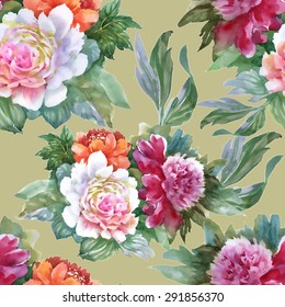 Watercolor Summer Colorful Peony floral Seamless pattern on green background vector illustration