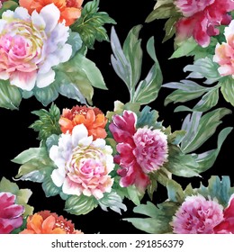 Watercolor Summer Colorful Peony floral Seamless pattern on black background vector illustration