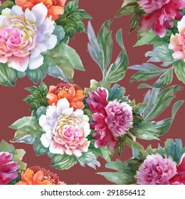 Watercolor Summer Colorful Peony floral Seamless pattern on brown background vector illustration