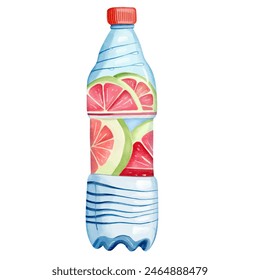 Watercolor summer drink in a bottle. Holiday party coctail. Watercolor summertime element.