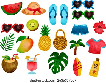 Watercolor Summer Elements – Tropical Fruits, Beach Accessories, and Vacation Element. A vibrant set of hand painted watercolor summer elements featuring tropical fruits, beach accessories.