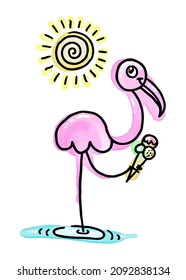 Watercolor Summer Flamingo with Ice-Cream. Vector Trace Illustration
