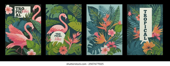 Watercolor summer flamingo. Tropical vibe. Palm leaves. Exotic flowers pattern. Abstract border. Pink birds. Natural brush greenery. Jungle foliage. Tourism banners set. Vector botanical backgrounds