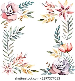 Watercolor summer floral art frame illustration for a wedding invitation