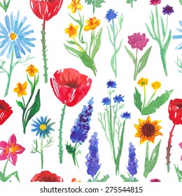 Watercolor summer flower pattern. Vector nature seamless background.