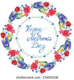 Watercolor summer flower wreath. Vector nature circle  illustration with Happy Mother's Day lettering.
