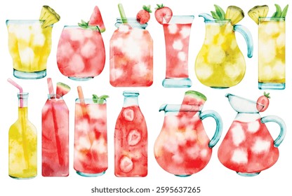 Watercolor Summer Fruit Drink Illustration Set, Refreshing, Lemonade, Strawberry, Watermelon, Citrus, Ice, Pitcher, Glass, Hand Painted
