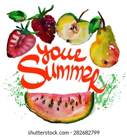 watercolor summer fruit pear, apple, berries, watermelon