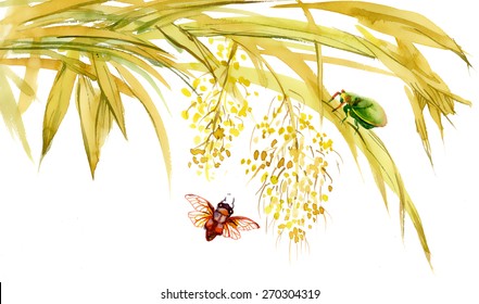 Watercolor summer grass with insects illustration vector