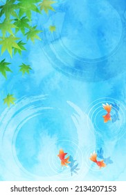 Watercolor summer greeting illustration of water surface and goldfish