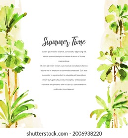 Watercolor summer hand draw vector illustration with palm trees. Summer template frame for invitation, poster, flyer, banner, card. Place for text. All elements, textures are individual objects