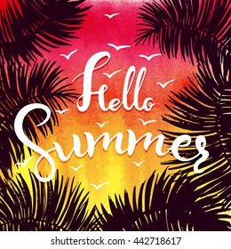 Watercolor Summer hand lettering vector,background.Colors of Sunset and twilight,  summer calligraphy,Summer sky,summer picture,summer art,summer image,summer design,summer travel,summer poster.