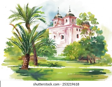 Watercolor Summer Landscape With Building Vector Illustration