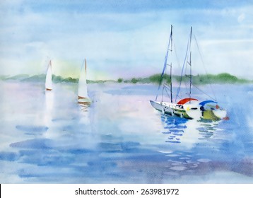 Watercolor Summer Landscape With Sailboats Vector Illustration