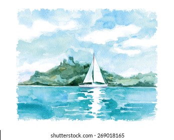 Watercolor summer landscape with the sea and sailing. Vector illustration  