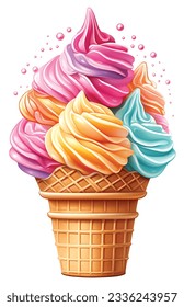 Watercolor summer multicolor ice cream cone, strawberry, orange, chocolate in vintage style isolated on white background. Vector illustration