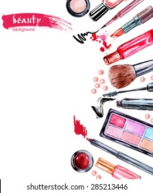 Watercolor summer pattern with cosmetics make up artist objects: lipstick, eye shadows,mascara, eyeliner, nail polish. Vector illustration.