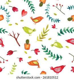 Watercolor summer pattern seamless in vector. Hand draw trees, leafs, birds over the city.