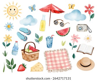 Watercolor summer picnic elements for warm outdoor scenes, perfect for cards, prints and summertime design 
