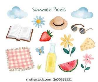 Elementos de piquenique de verão aquarela para cenas ao ar livre quentes. Livro, óculos, fruta, chapéu, cobertor. Projeto Summertime 