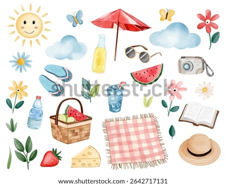 Watercolor summer picnic elements for warm outdoor scenes, perfect for cards, prints and summertime design 