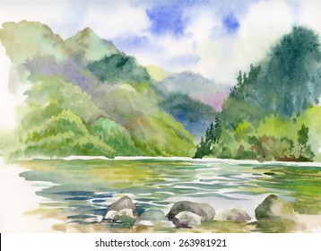 Watercolor summer river landscape vector illustration