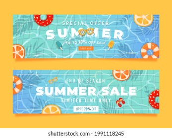 Watercolor summer sale banner template with pool, lemon and buoy Premium Vector