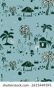 Watercolor summer seamless pattern, vector hand drawn tropical ocean texture, surfboard, palm tree. Travel paradise vacation wallpaper, California resort vintage print, nature design. Summer pattern
