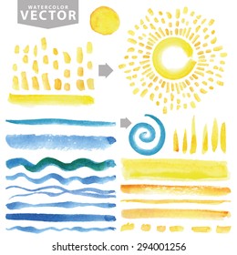 Watercolor summer set.Brushes,hand painting texture,burst,rays,sun shine,ocean wave template. Yellow,blue sea.Warm ,Bright design template.Vintage vector background.Holiday,vacation artistic texture