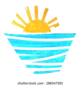 Watercolor summer sketch print. Sun, waves, sea. Logo isolated on white background 